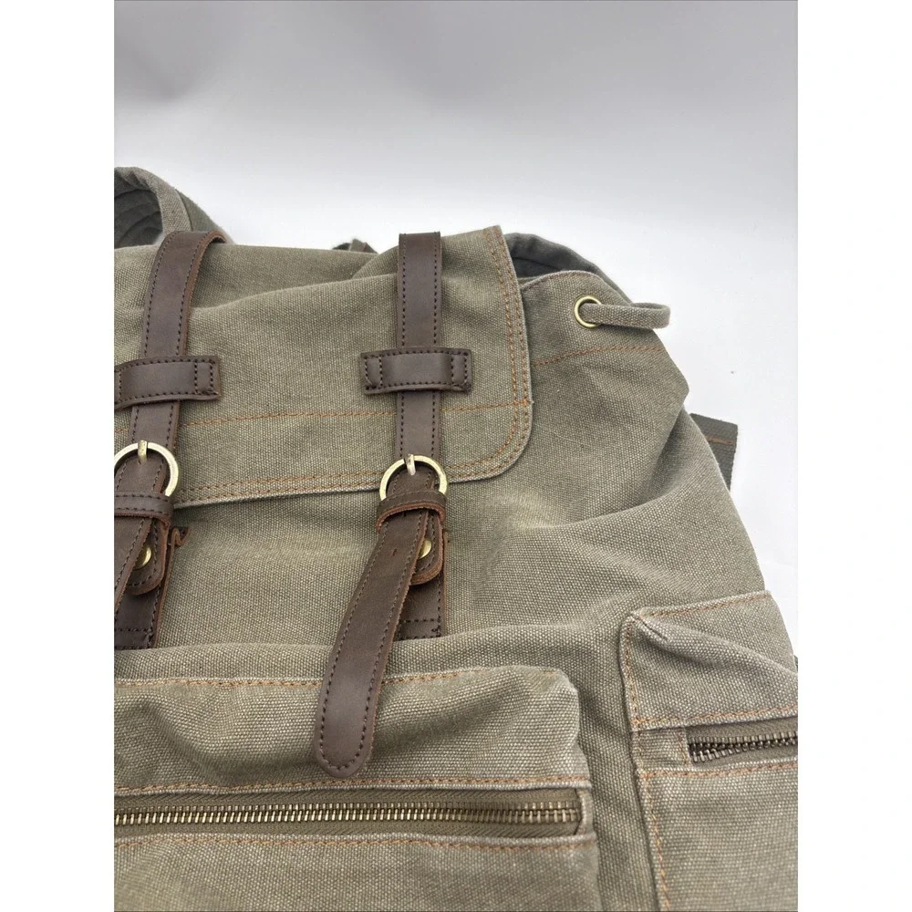 Bluboon VTG Canvas & Leather Army Green Rucksack Backpack Men's Bookbag Medium